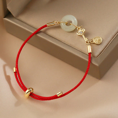 Mythstone 18K Gold Plated Hetian Jade Peace Buckle Fu Character Luck Red Rope Bracelet