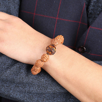 Pulsera de la suerte y la riqueza con moneda de cobre PiXiu y semilla de Bodhi de Rudraksha del Tíbet