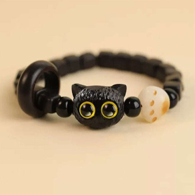 Mythstone Cute Ebony Wood Cat Head Pattern Peace Bracelet