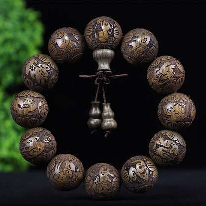 Mythstone Chinese Zodiac Rosewood Ebony Boxwood Copper Coin PiXiu Carved Warmth Bracelet