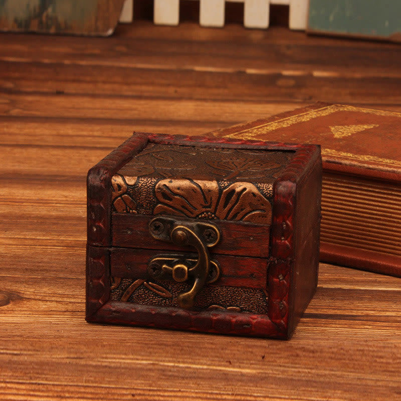 Mythstone Retro Small Square Wood Jewelry Box Lotus Grass Flower Grape Copper Coin Daffodil Jewelry Storage Box