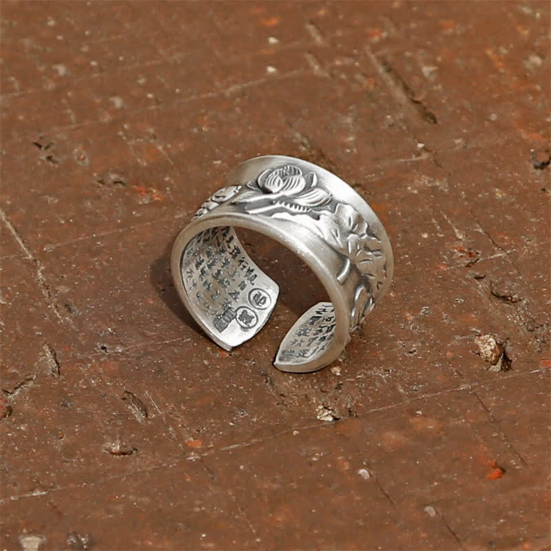 Mythstone 999 Sterling Silver Luck Koi Fish Lotus Heart Sutra Wealth Ring