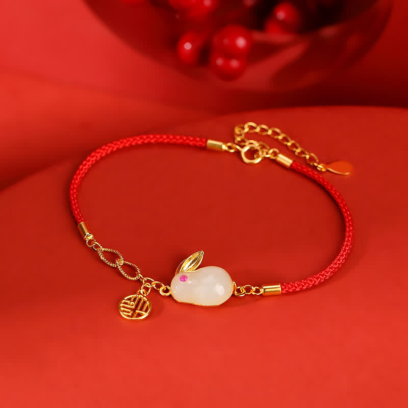 Pulsera de hilo rojo con bendición de la suerte y jade blanco hetiano del año del conejo en plata de ley 925 de Mythstone 