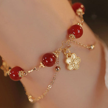 MythStone 14k Gold Plated Red Agate Star Flower Charm Calm Bracelet