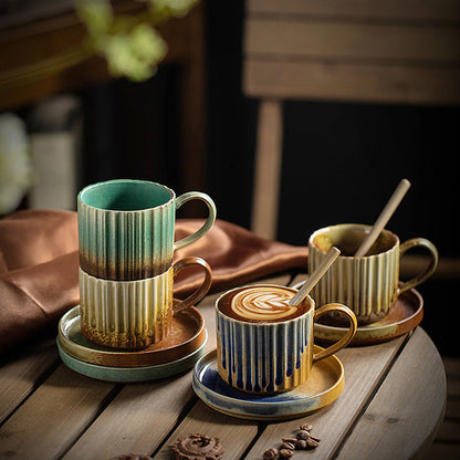 Mythstone Retro Striped Kiln Change Ceramic Coffee Mug Rough Pottery Tea Coffee Cup With Saucer 250ml