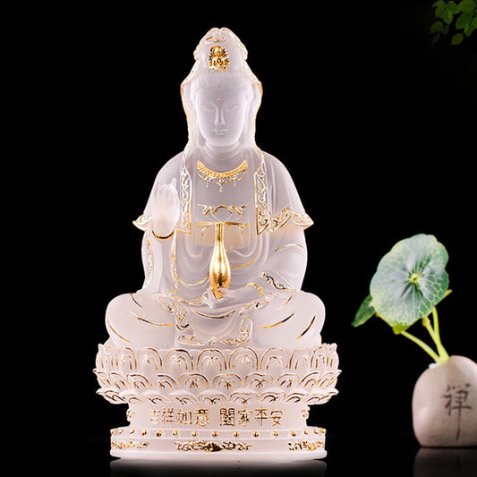 Mythstone Kwan Yin Avalokitesvara Handmade Figurine Liuli Crystal Art Piece Wealth Statue Home Offering Decoration