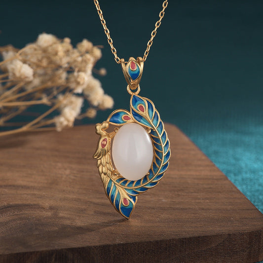 Mythstone White Jade Peacock Copper Blessing Necklace Pendant