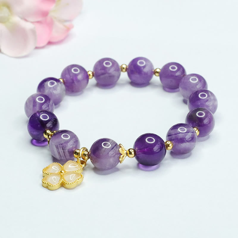 Mythstone Natural Amethyst Crystal Inner Peace Four Leaf Clover Charm Bracelet