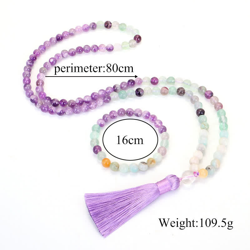 108 Mala Beads Amethyst Fluorite Amazonite Spiritual Positive Tassel Bracelet