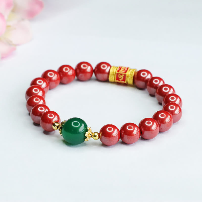 Mythstone Natural Cinnabar Green Agate Om Mani Padme Hum Pattern Blessing Bracelet