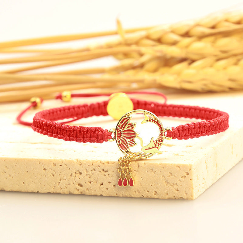 Mythstone Tibetan Handmade Lotus Koi Fish Lucky Red String Bracelet