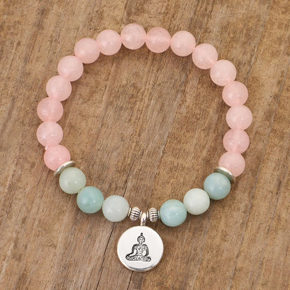 Mythstone Natural Pink Crystal Amazonite Lotus Buddha OM Symbol Warmth Bracelet