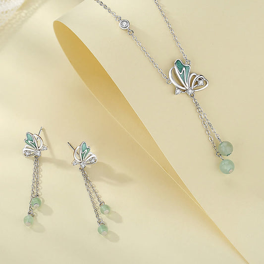 Mythstone 925 Sterling Silver Natural Green Aventurine Butterfly Luck Necklace Pendant Earrings Set