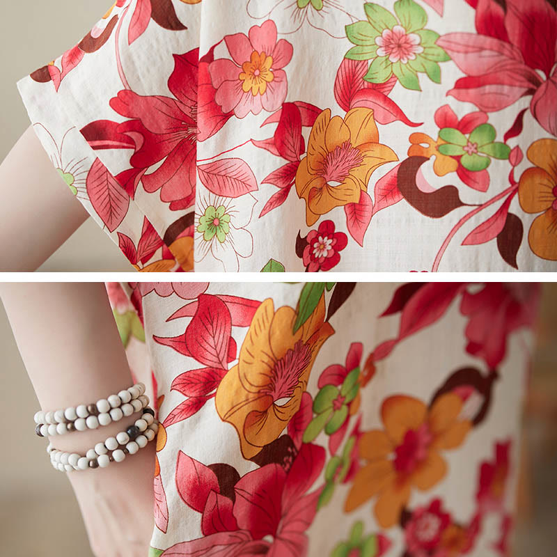 Vestido midi de algodón con media manga y bolsillos con flores rojas, azules y verdes de Mythstone