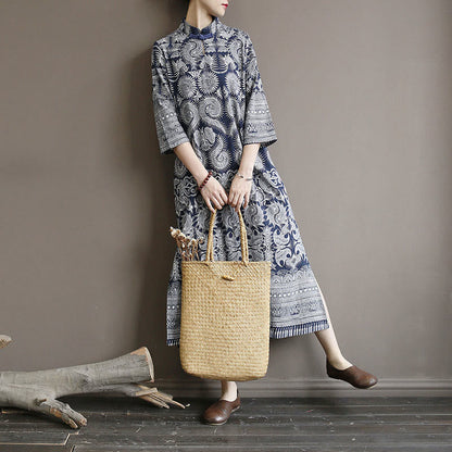 Mythstone Blue And White Porcelain Pattern Frog-button Midi Dress Three Quarter Sleeve Linen Batik Dress With Pockets