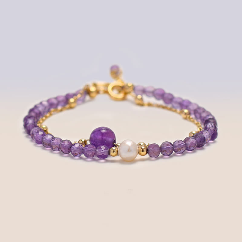 Mythstone 14K Gold Plated Amethyst Crystal Healing Double Layer Chain Bracelet