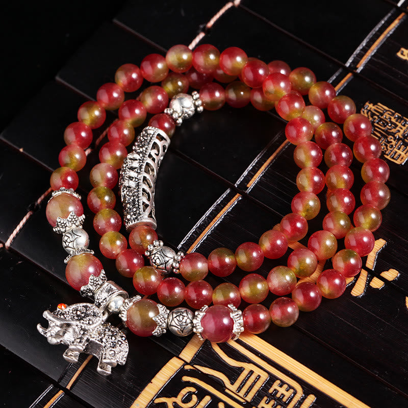 Mythstone Natural Watermelon Tourmaline PiXiu Elephant Positive Triple Wrap Bracelet