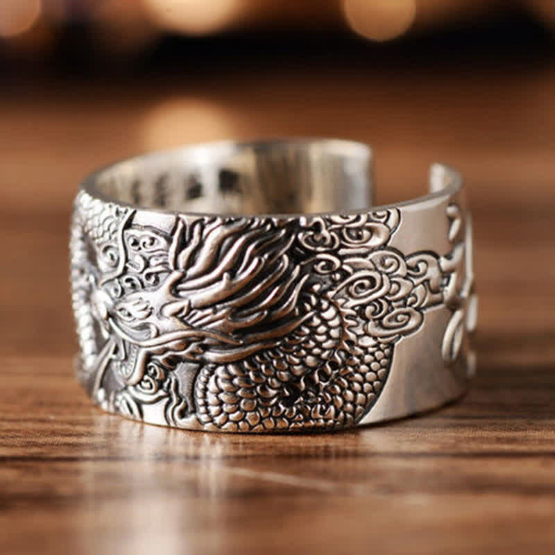 Mythstone 999 Sterling Silver Dragon Carved Pattern Protection Success Ring