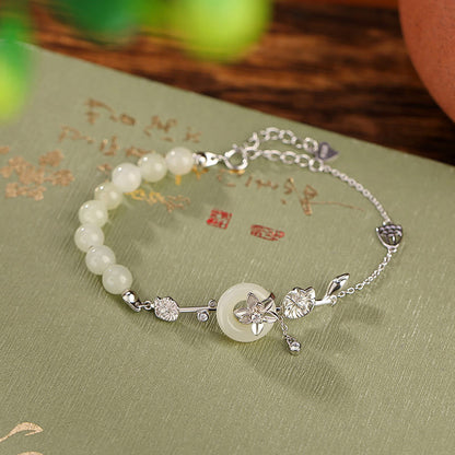 Mythstone 925 Sterling Silver Hetian Jade Peace Buckle Lotus Luck Chain Bracelet