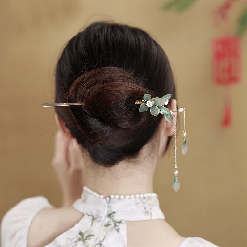 Mythstone Flower Leaf Pearl Peace Tassel Hairpin