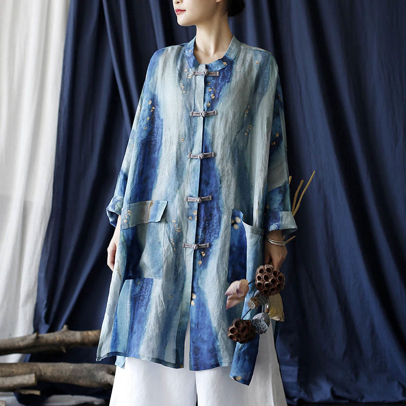 Mythstone Blue White Beige Small Flower Frog-button Design Long Sleeve Ramie Linen Jacket Shirt With Pockets