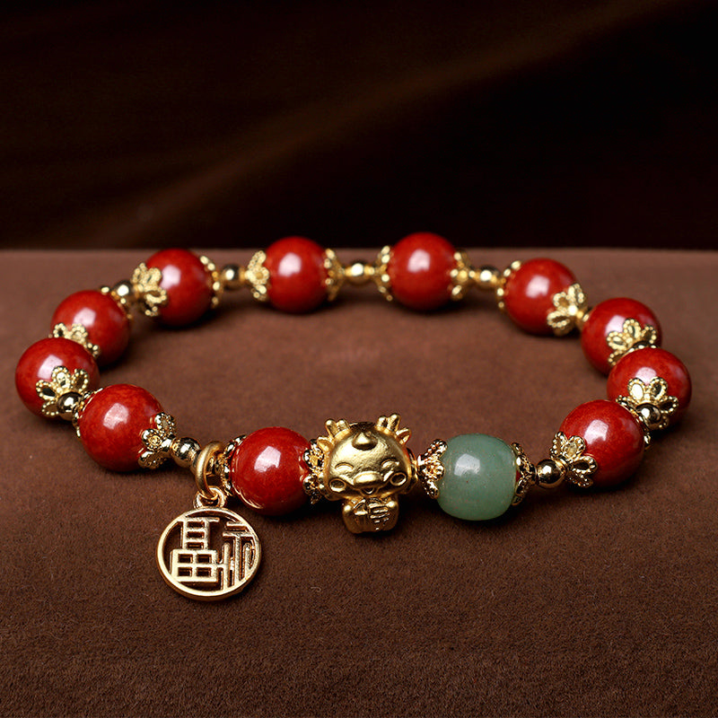 Mythstone Year of the Dragon Natural Cinnabar Fu Character Charm Blessing Bracelet