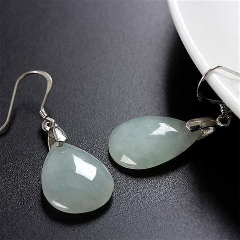 Mythstone 925 Sterling Silver Jade Water Drop Luck Dangle Earrings