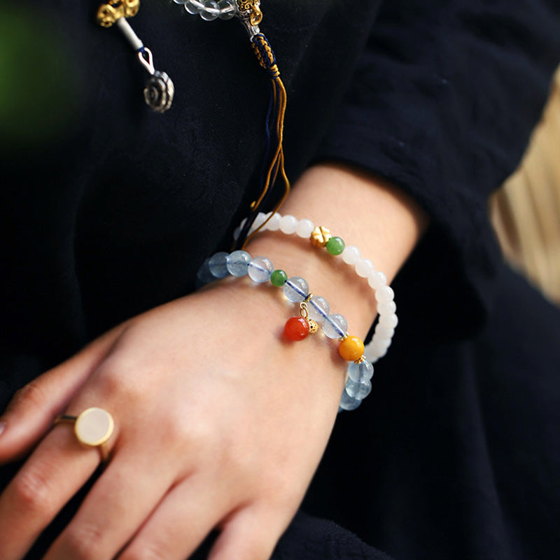 Mythstone Aquamarine Red Agate Peace Gourd Charm Bracelet