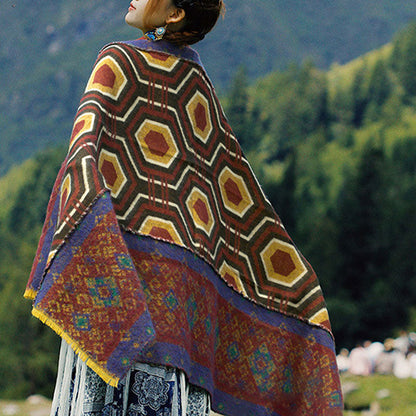 Chal tibetano Mythstone marrón, azul y rojo con estampado de formas geométricas, bufanda de viaje acogedora para el invierno