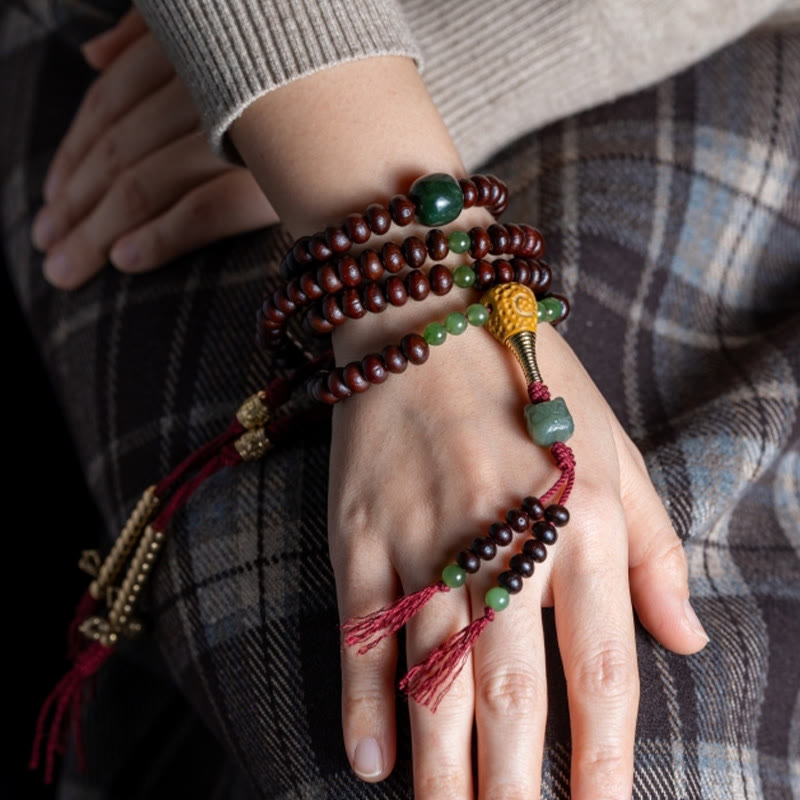 MythStone Natural Tibet 108 Mala Beads Purple Bodhi Seed Hetian Cyan Jade Copper Dorje Peace Bracelet