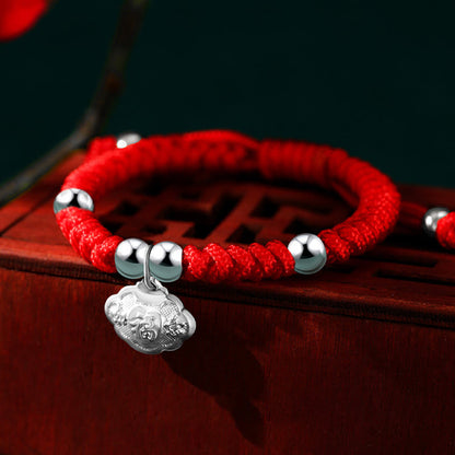 Mythstone 925 Sterling Silver Handmade Fu Character Lucky Money Bag Chinese Lock Charm Bell Lotus Copper Coin King Kong Knot Braided Kids Bracelet