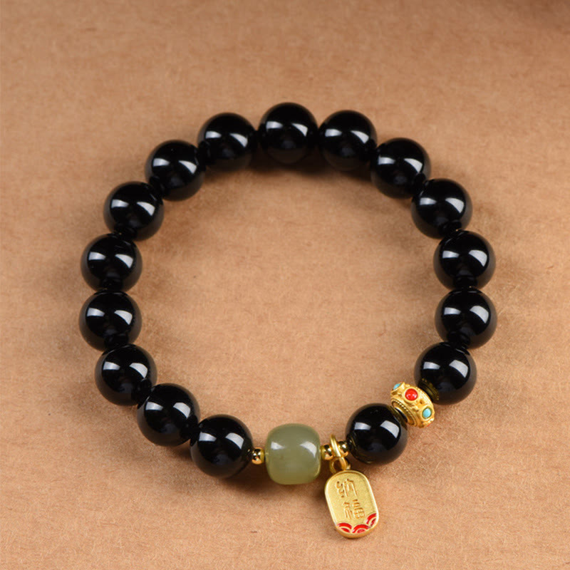 Mythstone Black Onyx Hetian Jade Bead Lucky Fortune Charm Bracelet