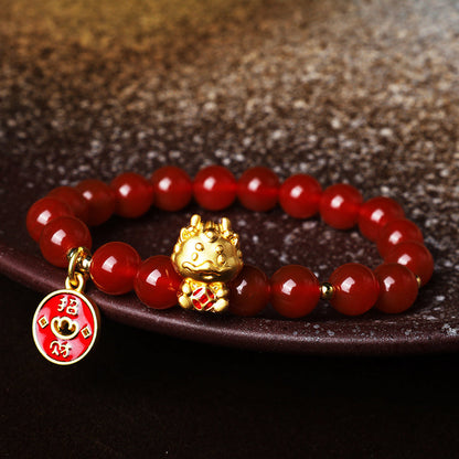 Pulsera para atraer la fortuna con moneda de cobre y ágata roja natural del año del dragón de Mythstone