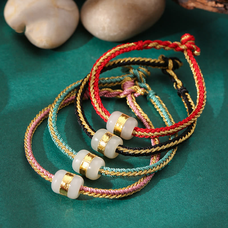 Mythstone 999 Gold Hetian White Jade Om Mani Padme Hum Fu Character Luck Braided Bracelet