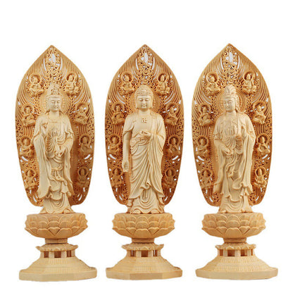 Mythstone Handcrafted Kwan Yin Avalokitesvara Tathagata Mahasthamaprapta Bodhisattva Statue Boxwood Abundance Decoration