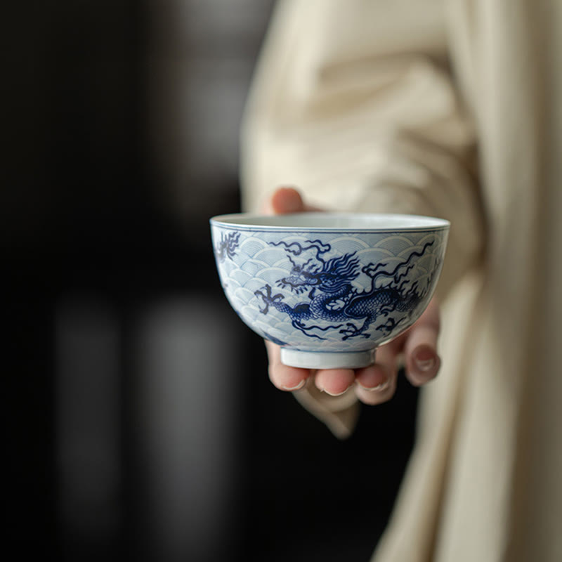 Mythstone Blue Dragon Design Ceramic Teacup Kung Fu Tea Cups