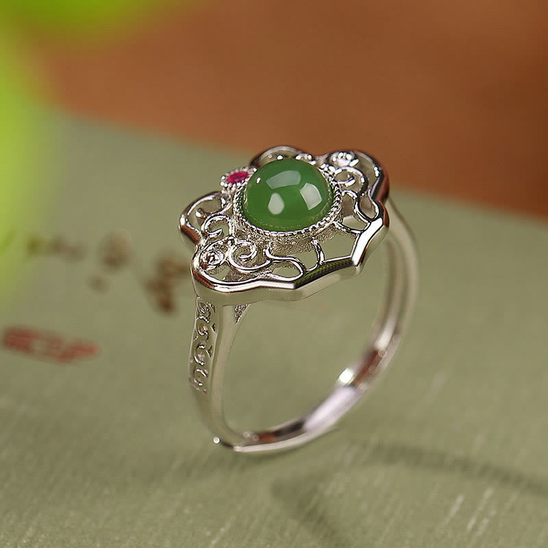 Juego de pendientes y anillo de la suerte con diseño hueco de jade cian hetiano natural en plata de ley 925 de Mythstone