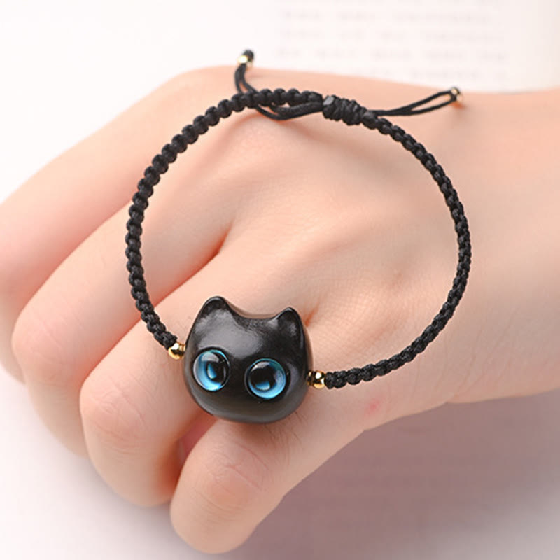 Mythstone Small Leaf Red Sandalwood Ebony Wood Cute Cat Head Calm Protection Braided Bracelet