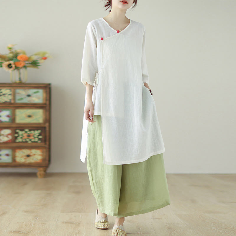 Mythstone Buttons Three Quarter Sleeve Lace-up Shirt Wide Leg Pants Meditation Cotton Linen Clothing