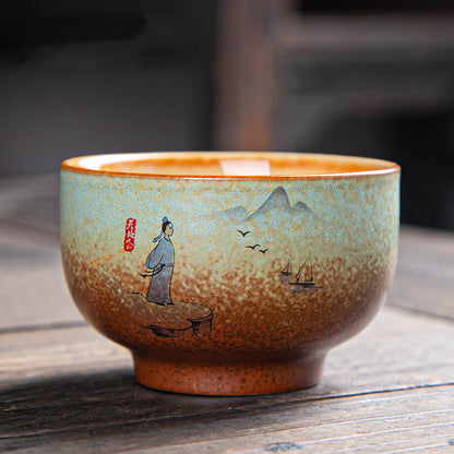 Mythstone Colorful Deer Pipa Snow Plum Blossoms Mountains Rivers Bird Ceramic Teacup Kung Fu Tea Cup Bowl