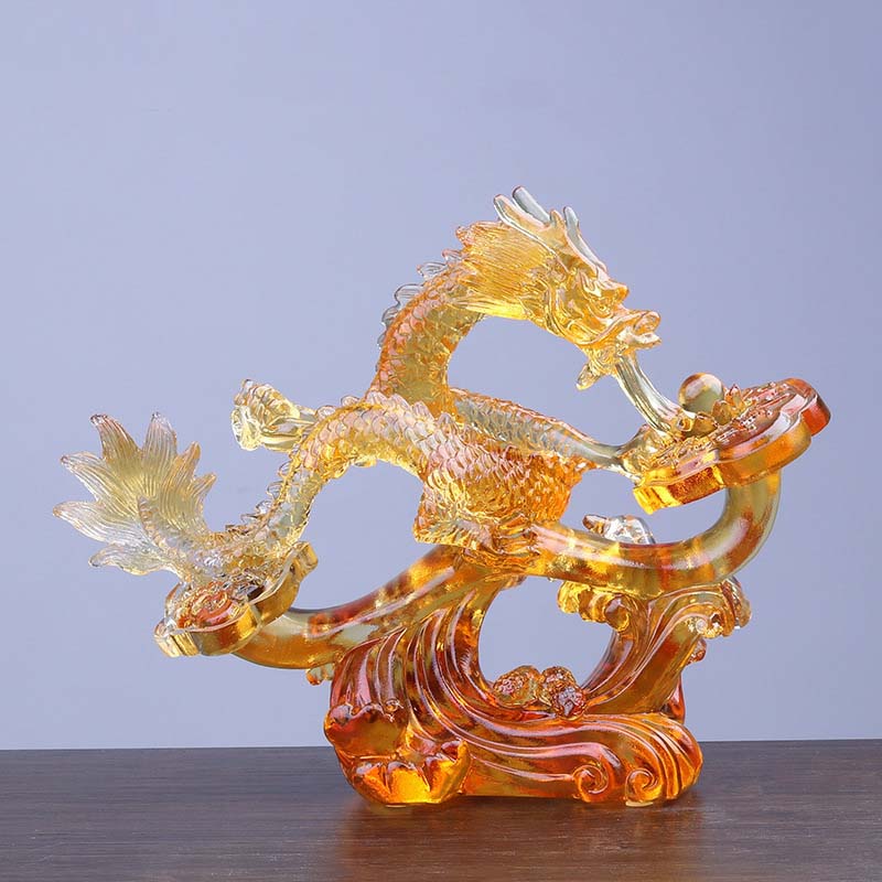 Mythstone Year of the Dragon Handmade Ruyi Handle Liuli Crystal Art Piece Protection Home Office Decoration