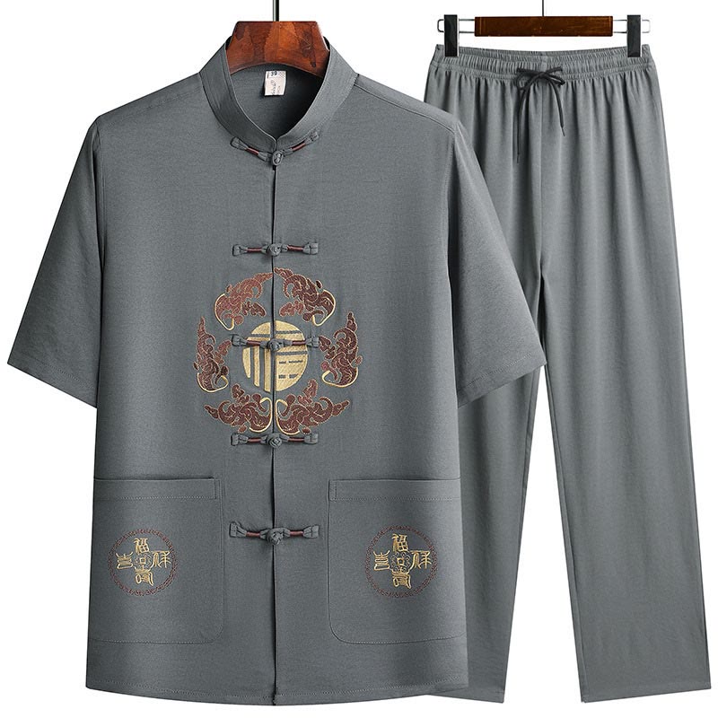 Mythstone Fu Character Tang Suit Hanfu Traditional Uniform Short Sleeve Top Pants Clothing Men's Set