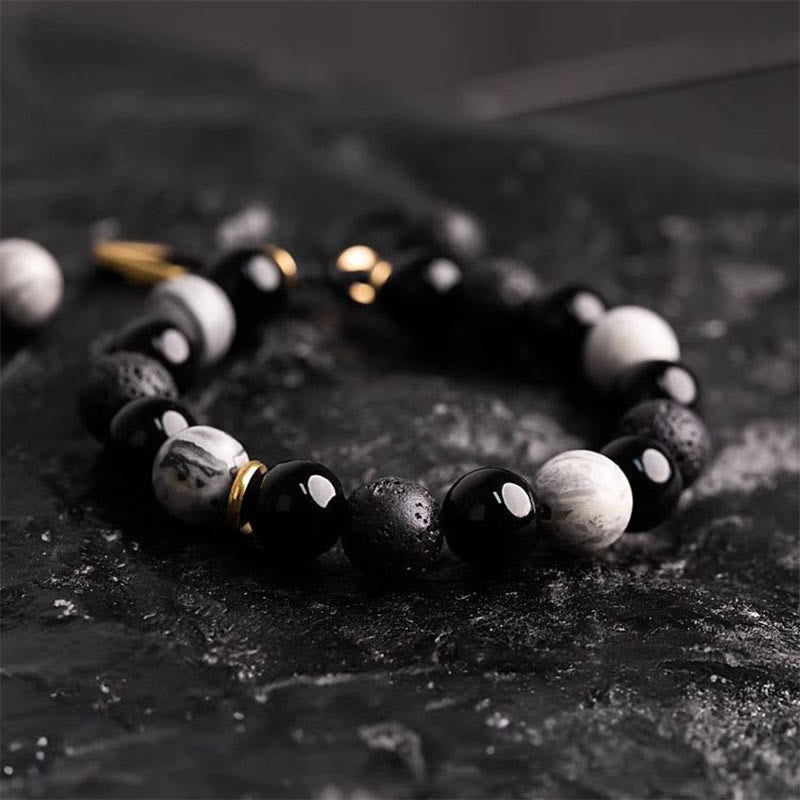 Mythstone Black Obsidian Lava Rock Stone Yin Yang Strength Bracelet