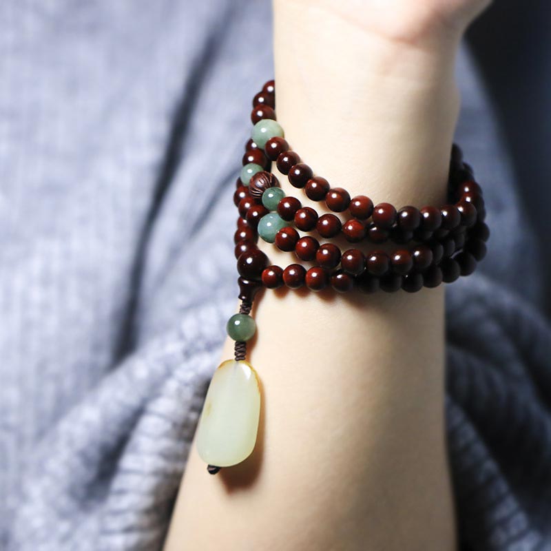 Mythstone Tibetan Small Leaf Red Sandalwood Jade Mala Meditation Bracelet