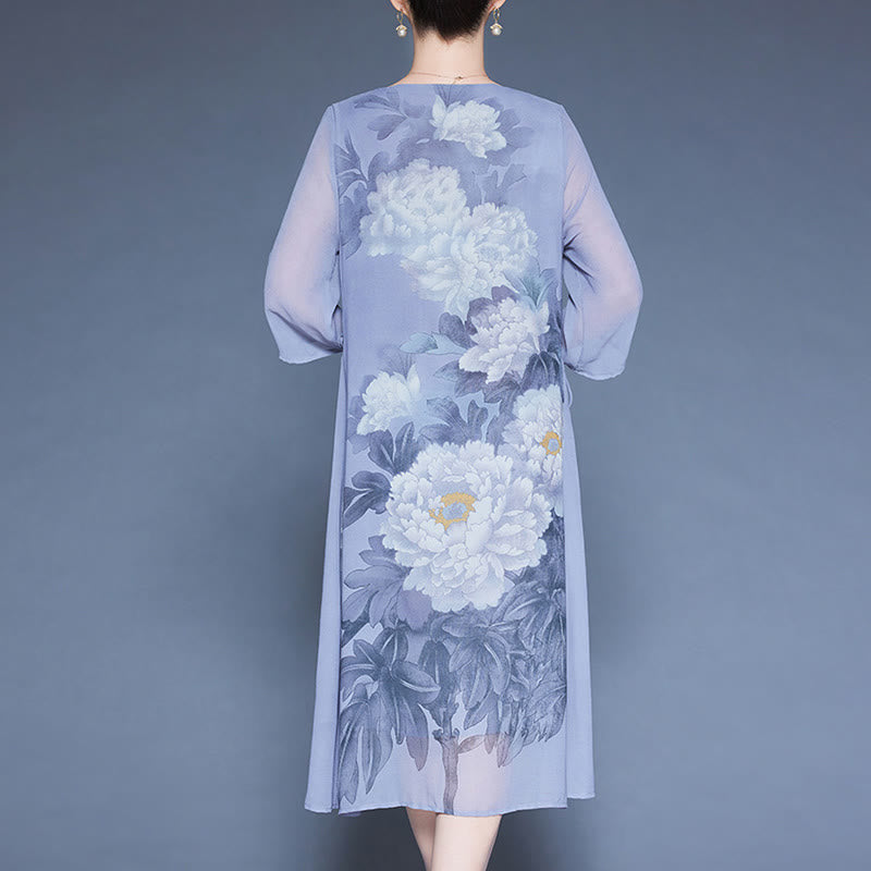 Mythstone Peony Flowers Print Three Quarter Sleeve Midi Dress