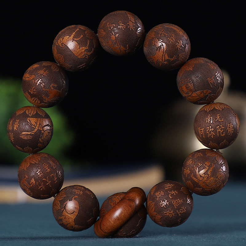 Mythstone Chinese Zodiac Rosewood Green Sandalwood Ebony Wood Copper Coin Carved Calm Bracelet