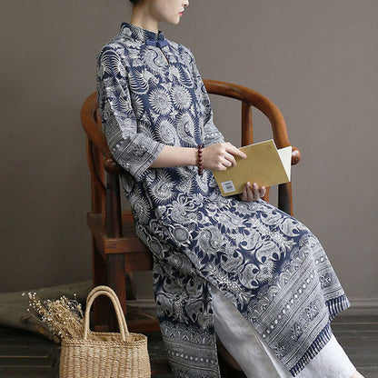 Mythstone Blue And White Porcelain Pattern Frog-button Midi Dress Three Quarter Sleeve Linen Batik Dress With Pockets