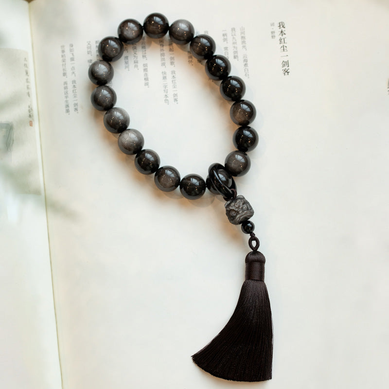 Mythstone Natural Silver Sheen Obsidian Black Obsidian Lion Wrist Mala Protection Tassels Pocket Mala Car Decoration