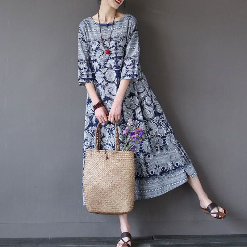 Mythstone Blue White Flower Printed Button Midi Dress Three Quarter Sleeve Cotton Linen Dress With Pockets