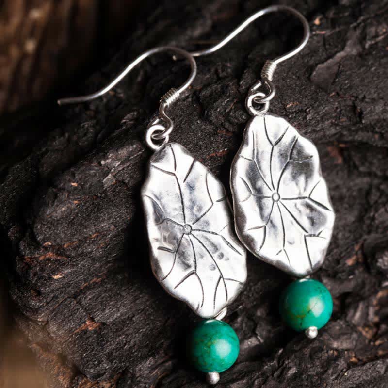 Mythstone 925 Sterling Silver Turquoise Lotus Leaf Protection Drop Dangle Earrings